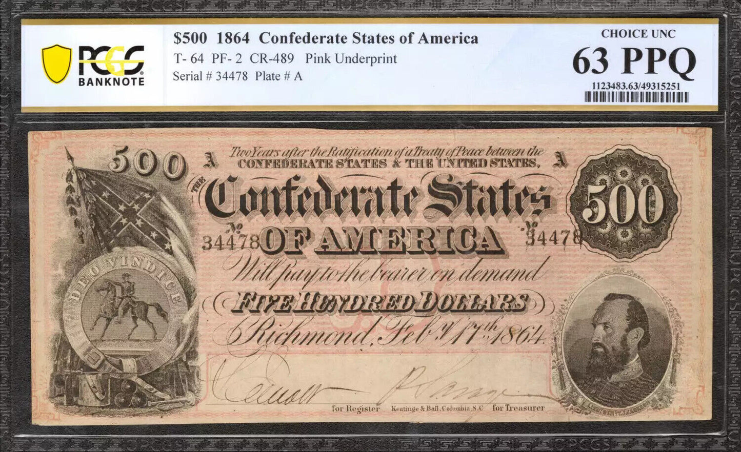 1864 $500 CONFEDERATE STATES OF AMERICA NOTE T-64 PCGS 63 PINK UNDERPRINT (478)