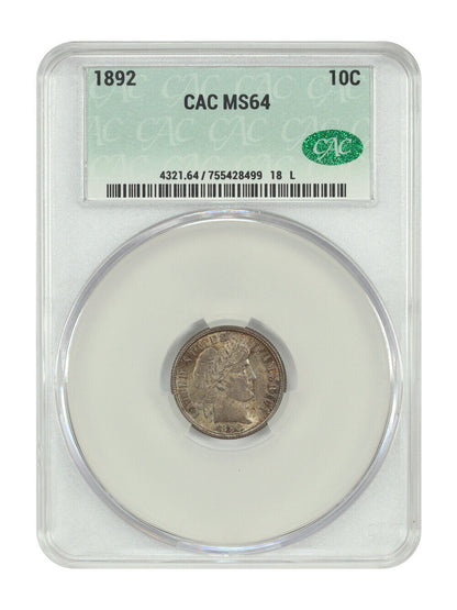 1892 10C CACG MS64 - Barber Dime - First Year Barber Dime