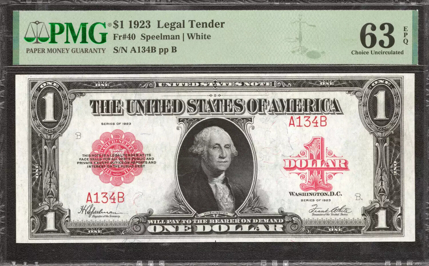 1923 $1 LEGAL TENDER FR.40 LARGE SIZE NOTE SPEELMAN WHITE PMG CU 63 EPQ (134B)