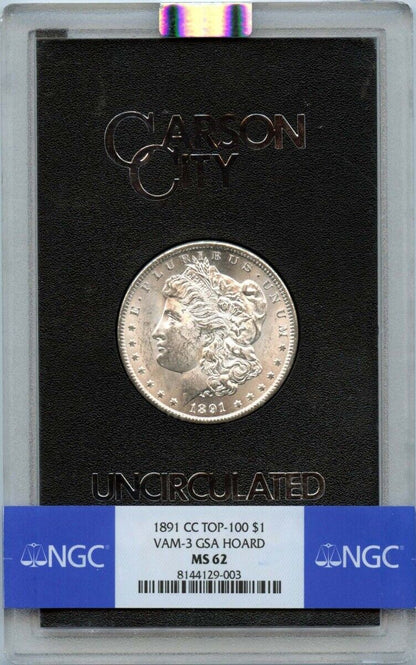 1891-CC TOP-100 Morgan Dollar VAM-3 GSA HOARD S$1 NGC MS62