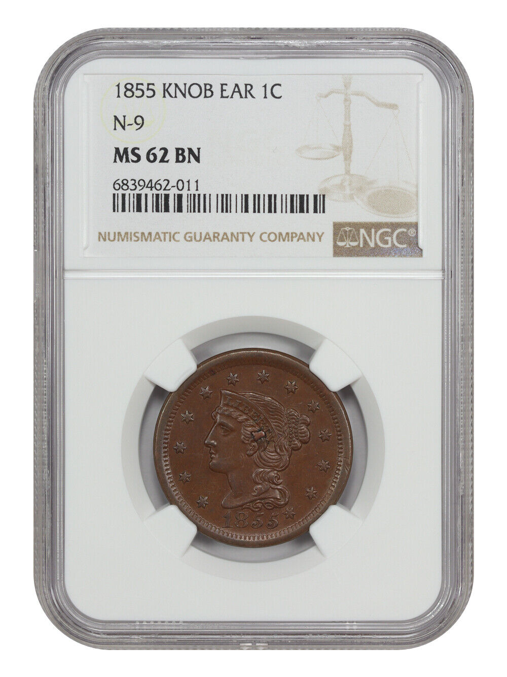 1855 1C NGC MS62BN (Knob on Ear, N-9) - Braided Hair Cent - Popular Variety